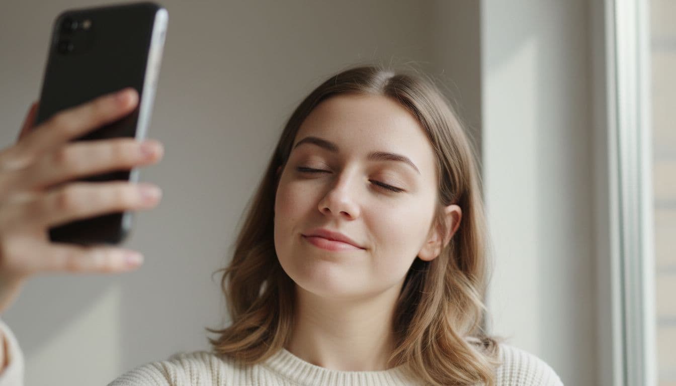 Person with a calm, relaxed expression taking a selfie indoors, an example of the natural look that works best for AI headshots