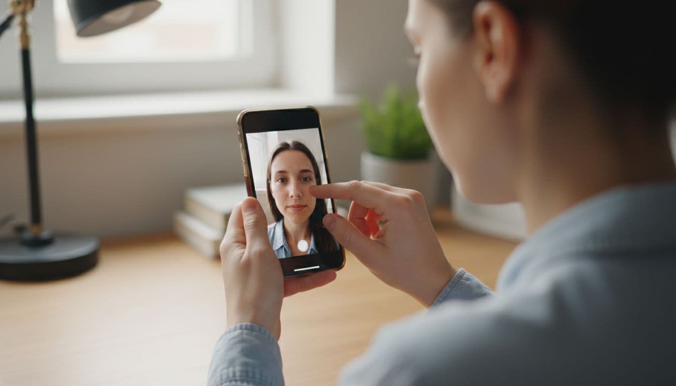 Person zooming in on a selfie on their phone screen to check lighting and sharpness before uploading for an AI headshot