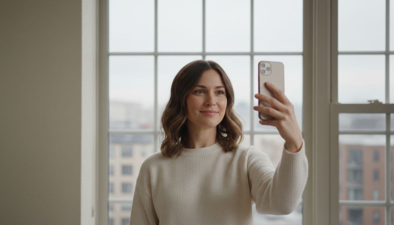 Woman taking a selfie facing a bright window, demonstrating the soft even light needed for a good AI headshot photo