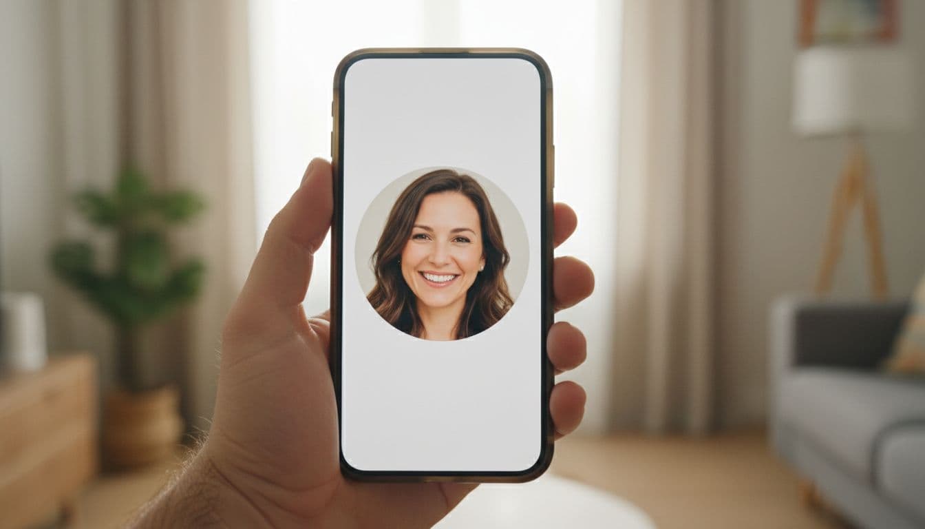 Close-up of a hand holding a phone showing an Instagram profile picture cropped into a circle