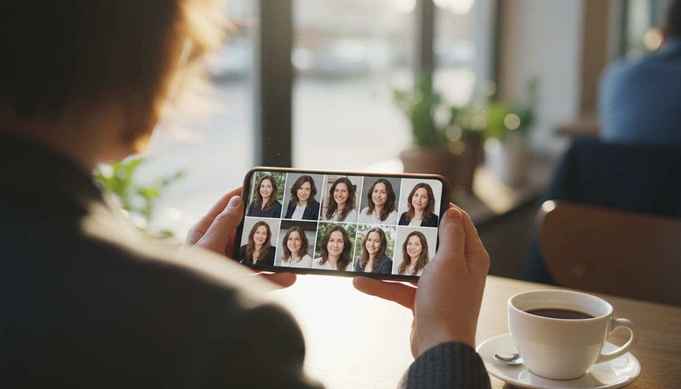 Person comparing several AI-generated Instagram profile picture styles side by side on a smartphone screen
