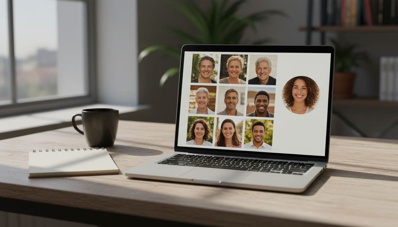 Laptop screen showing an Instagram grid next to a matching profile picture in the same warm, natural lighting style