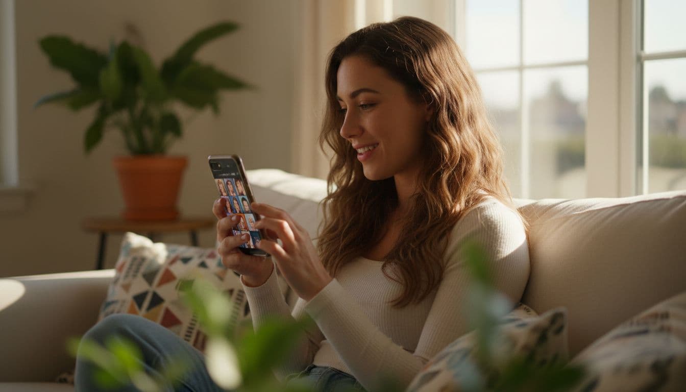 Woman looking at her phone reviewing AI-generated Instagram profile picture options in soft natural light