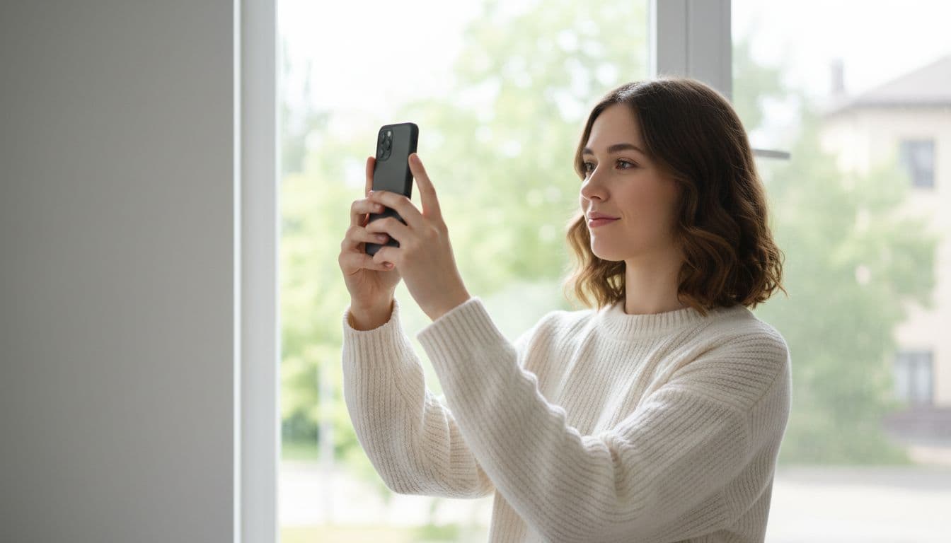 Person taking a natural light selfie near a window to use as an Instagram profile picture