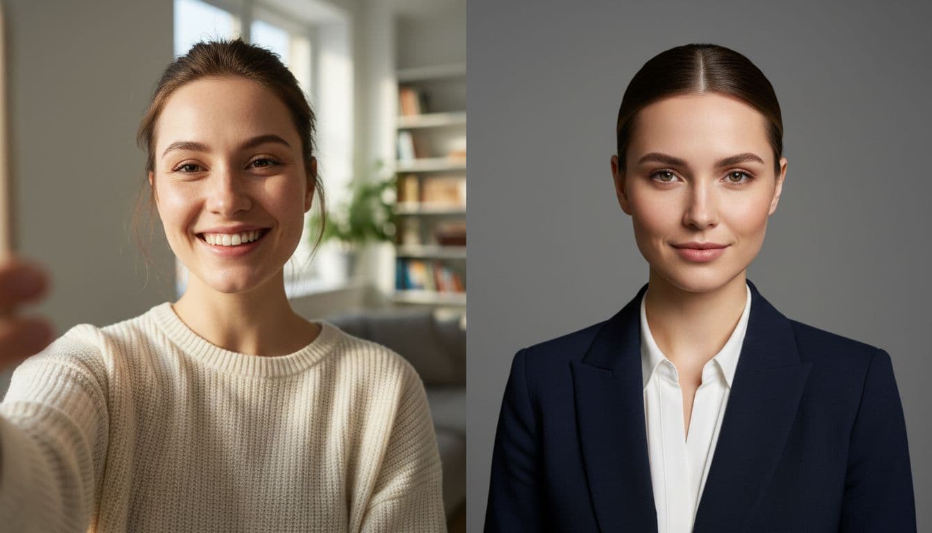 Split comparison of a casual selfie next to a polished professional LinkedIn headshot generated by AI