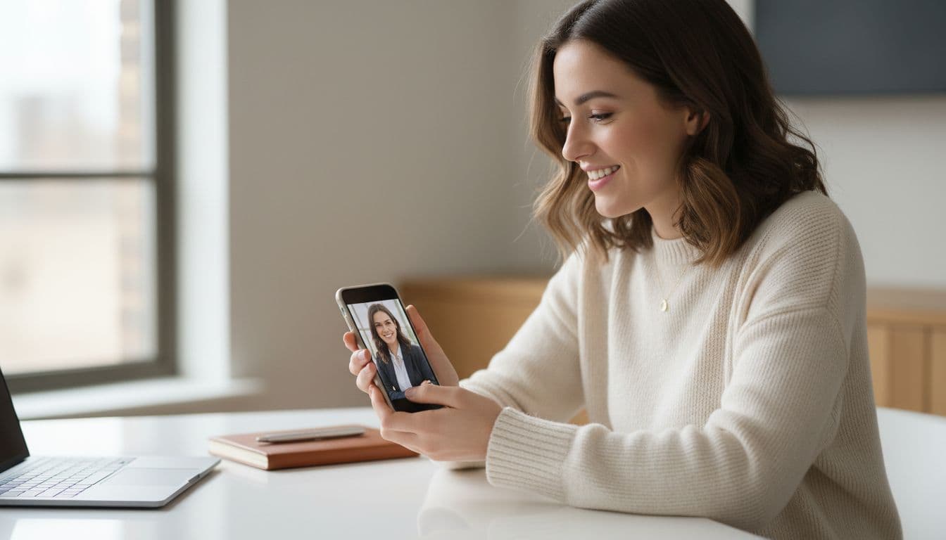 Woman checking her new LinkedIn headshot made from a selfie on her phone in a bright home office