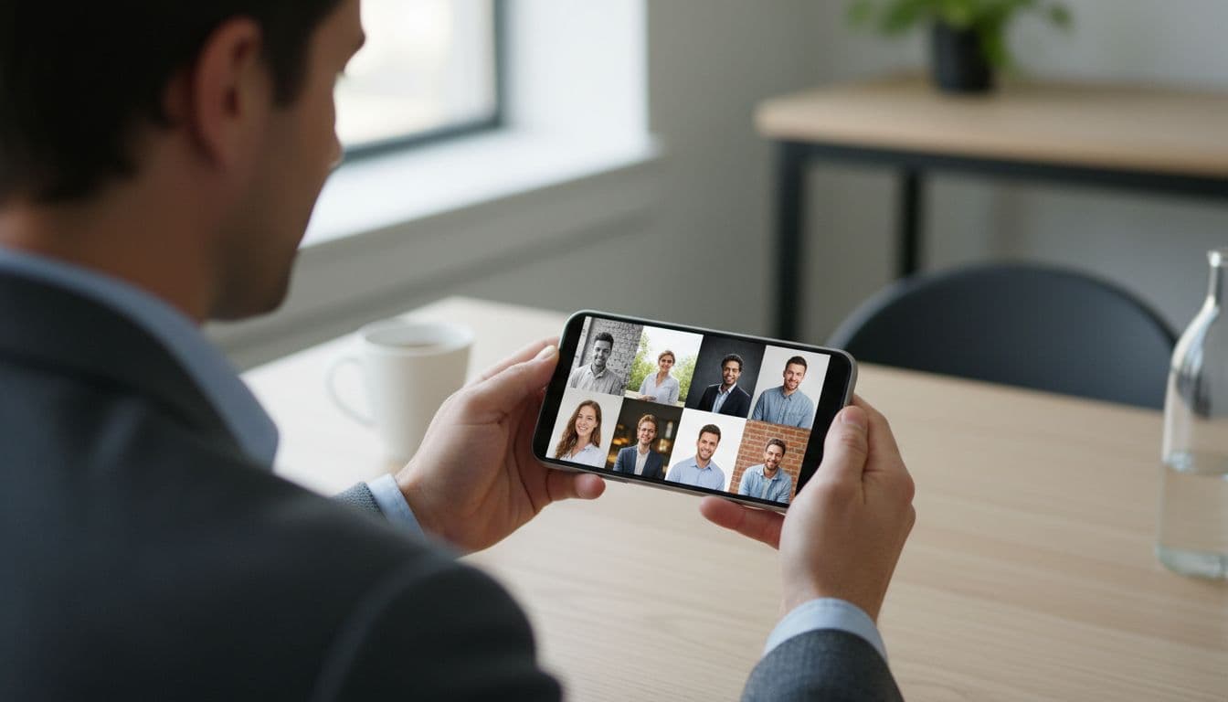 Professional comparing several AI-generated LinkedIn headshot styles side by side on a phone screen