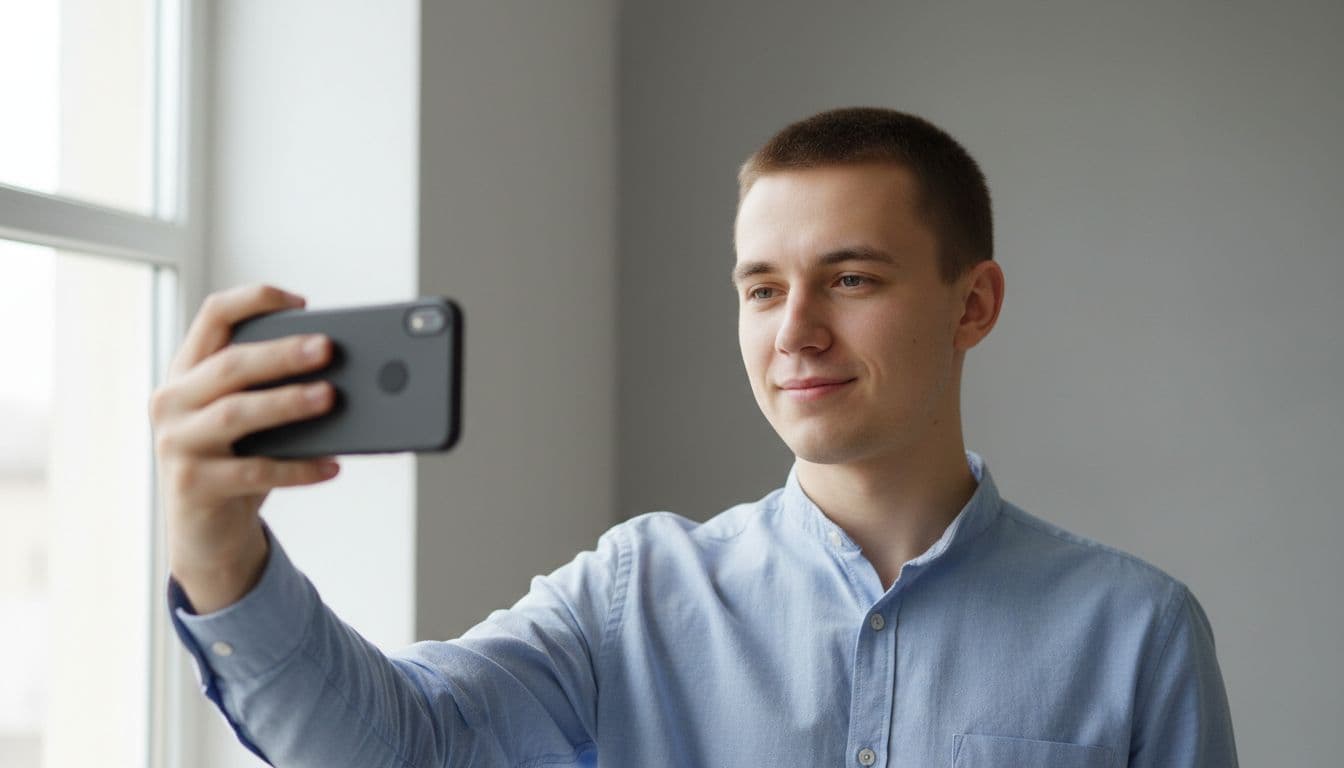Person taking a selfie near a bright window, the kind of photo that works well for a LinkedIn headshot