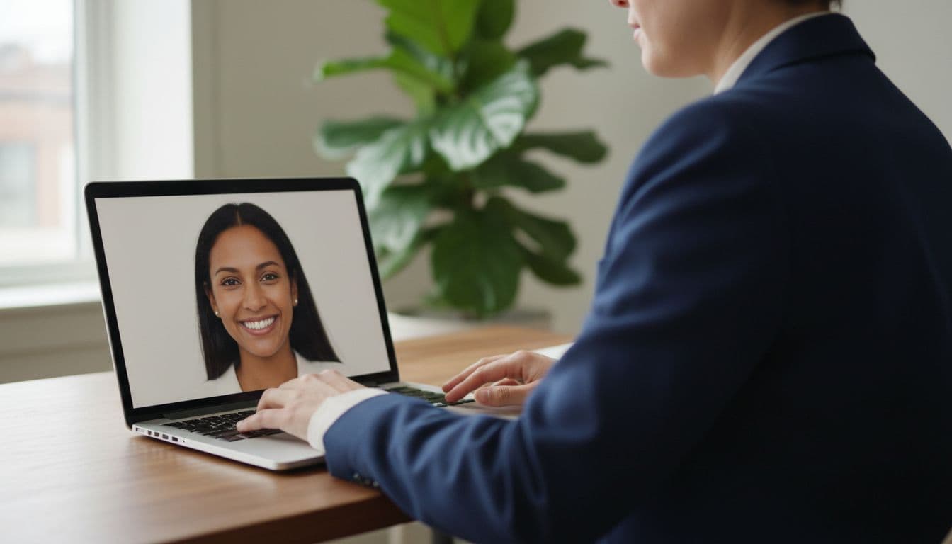 Person uploading a selfie to an online AI photo editor on a laptop, with a secure browser address bar visible