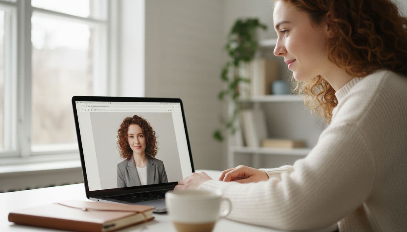 Laptop screen showing the online AI photo editor SelfAI turning a selfie into a professional portrait