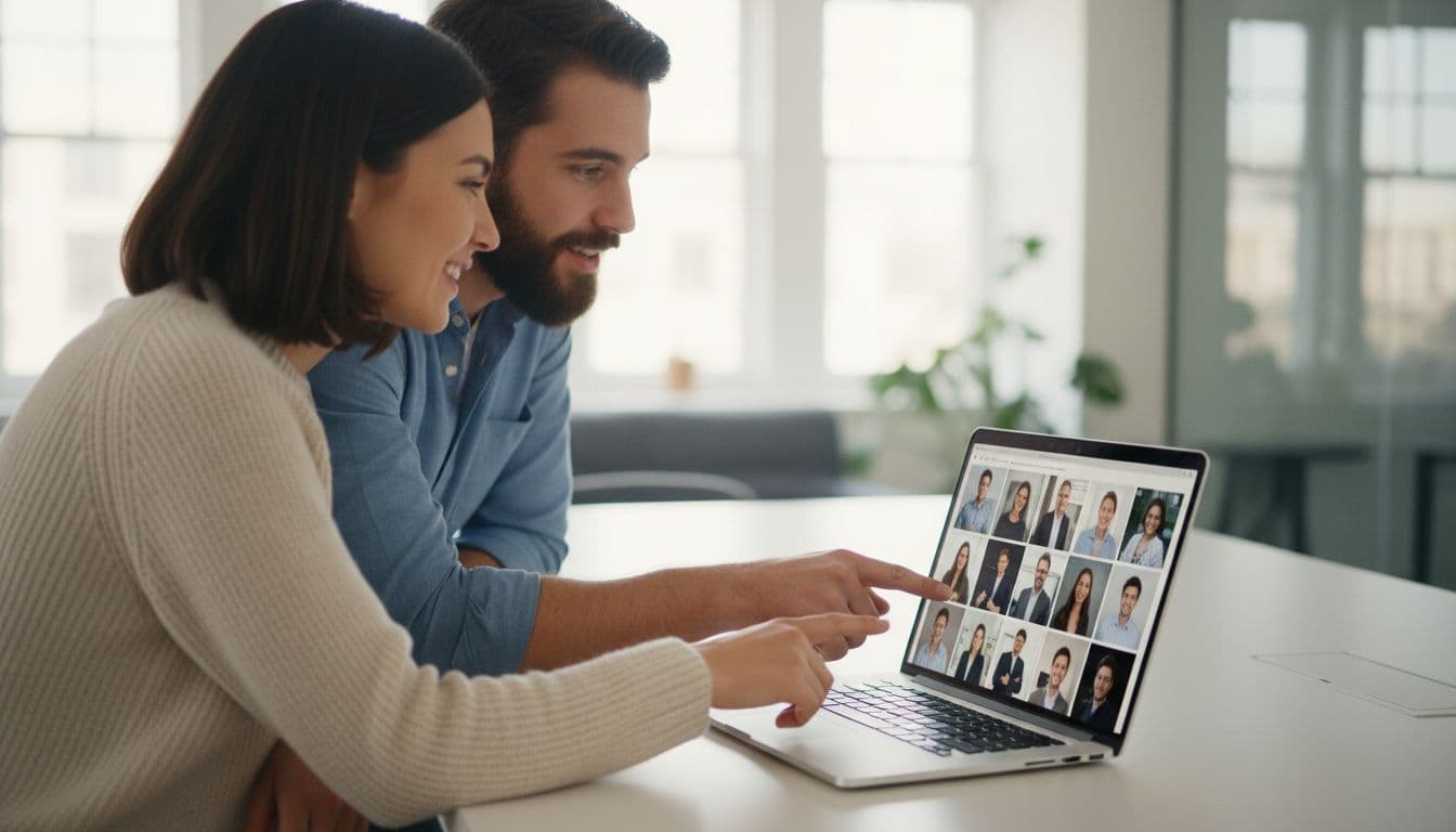 Two colleagues looking at a laptop screen comparing AI-generated headshot styles from an online photo editor