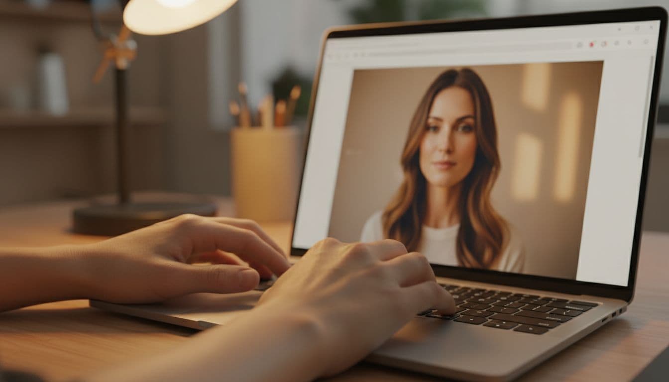 Close-up of hands typing on a laptop keyboard with a browser tab open showing an AI photo editing result