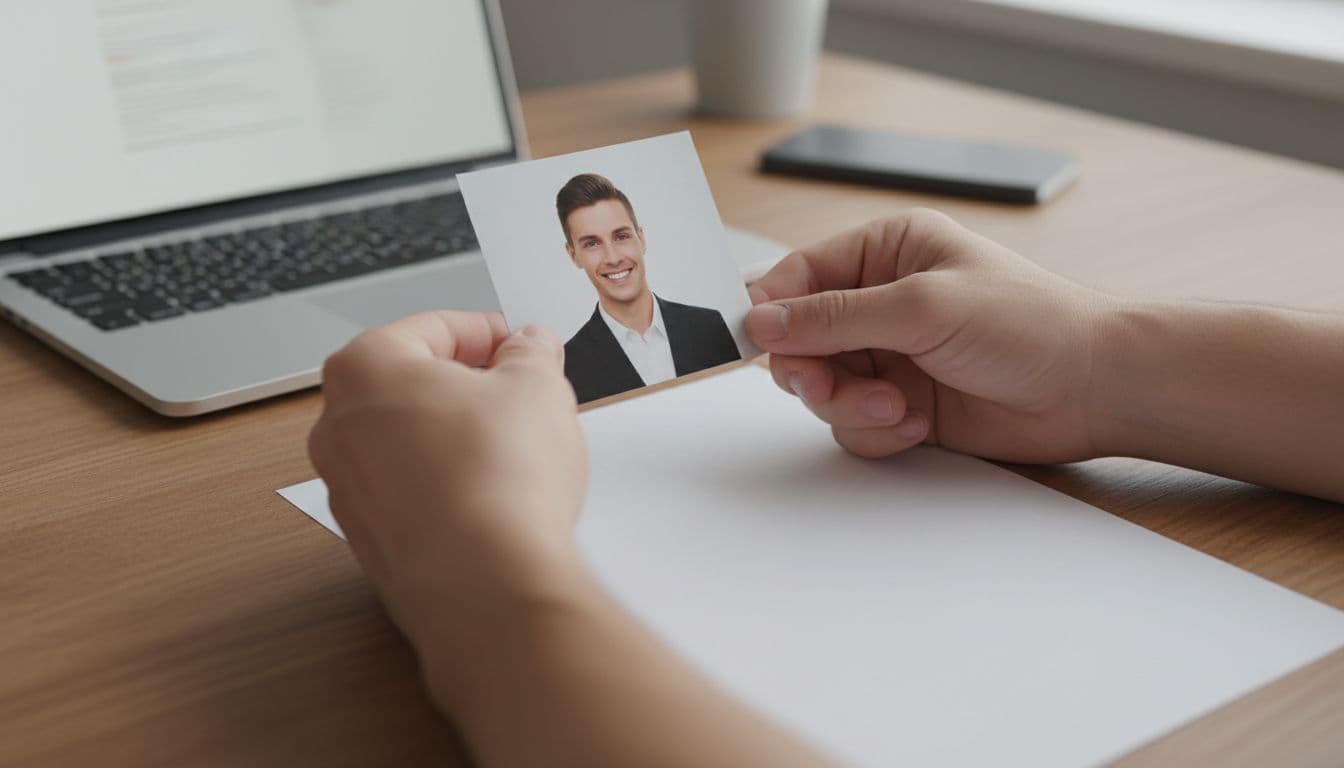 Close-up of hands attaching a finished resume photo to a job application on a laptop