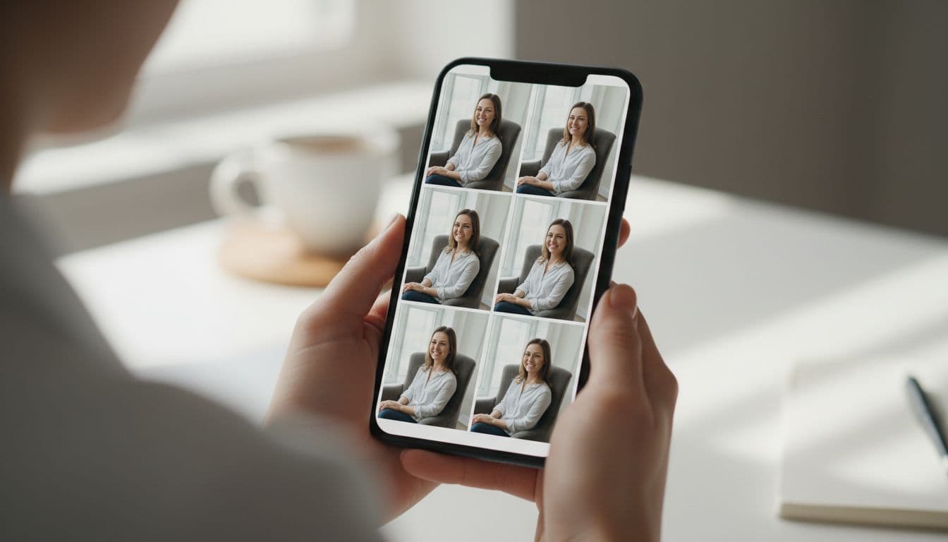 Hands holding a phone comparing several crop options of the same professional resume photo