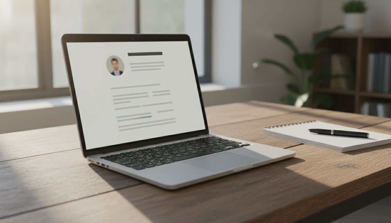 Laptop screen showing a CV template with a neutral resume photo placeholder next to the applicant’s details