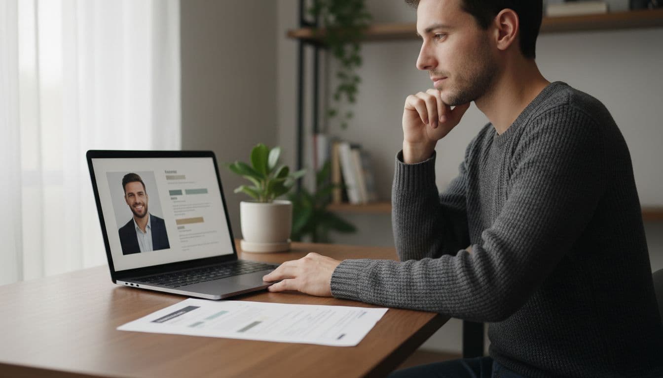 Person reviewing a professional resume photo on a laptop before attaching it to a job application