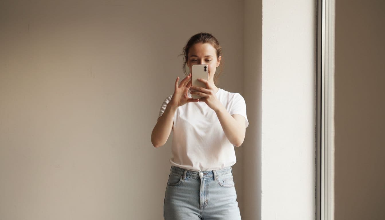 Person standing near a plain wall and a bright window, setting up to take a neutral resume photo
