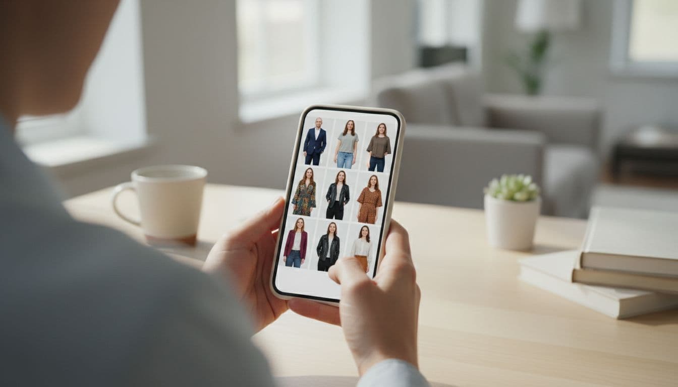 Smartphone screen showing the same person's headshot restyled into different outfits by an AI photo editor