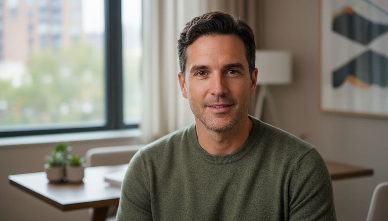 Founder in a smart casual knit sweater posing for a relaxed personal brand headshot