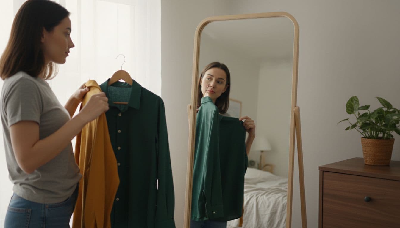 Person deciding what to wear for a headshot, holding two shirts up in front of a mirror