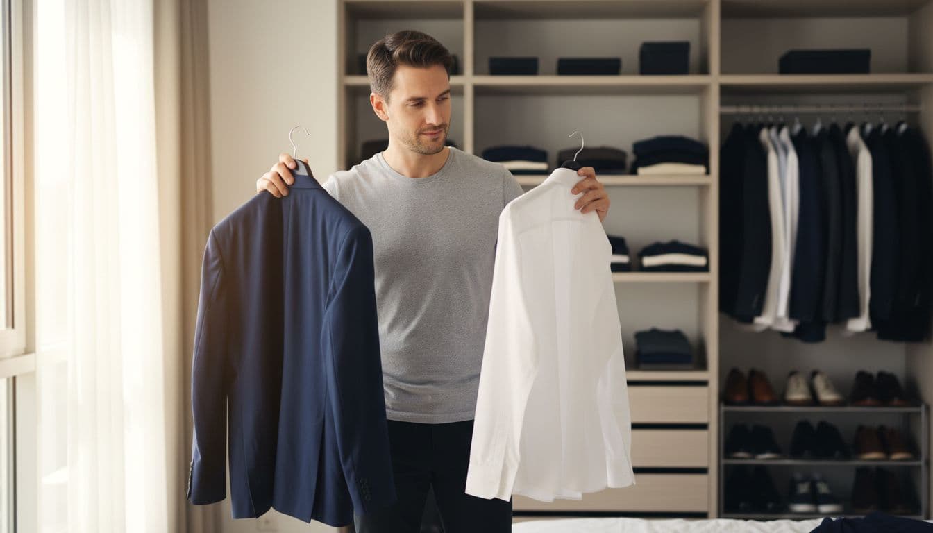 Person choosing what to wear for a headshot, holding up a navy blazer and a plain shirt