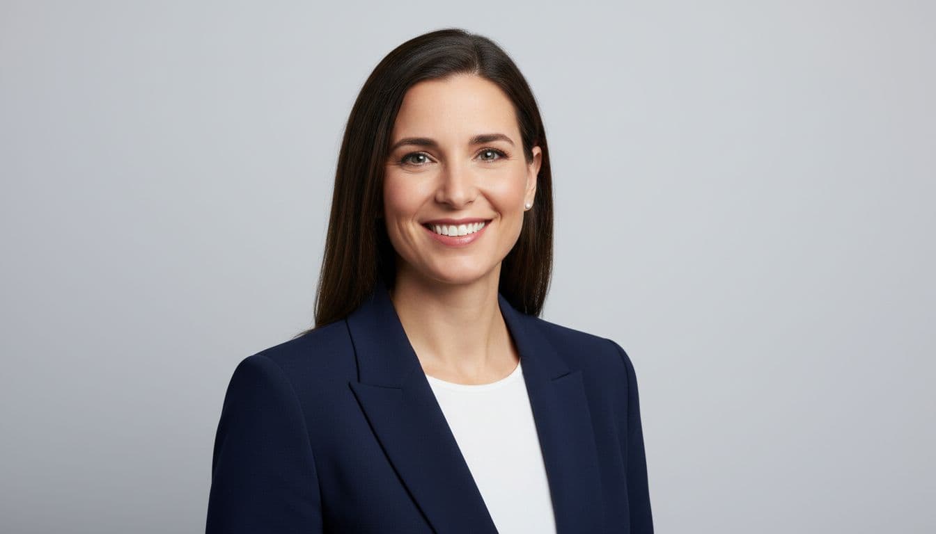 Professional woman in a navy blazer photographed against a plain background for a corporate headshot